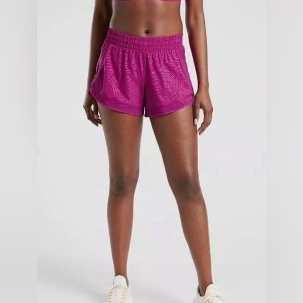 Athleta Printed Mesh Racer Run Short in Magenta Pink